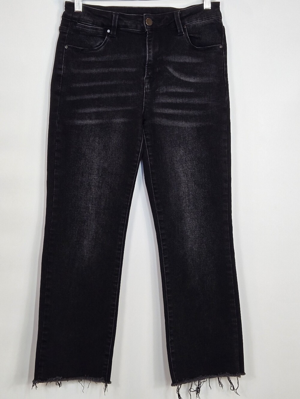 Risen Jeans Mid-Rise Straight Crop Raw Edge Jeans Black Stretch Denim 29 9 - Picture 2 of 10